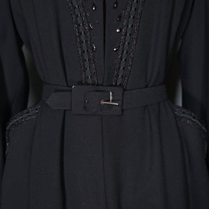 40s RUE DE LA PAIX BLACK BEADED GOTHIC PARISIAN BELTED COAT - S
