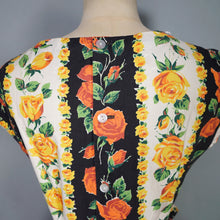 Load image into Gallery viewer, 50s 60s "VOGUE" ORANGE AND YELLOW ROSE COTTON DAY DRESS WITH BELT - S
