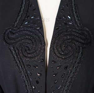 40s RUE DE LA PAIX BLACK BEADED GOTHIC PARISIAN BELTED COAT - S