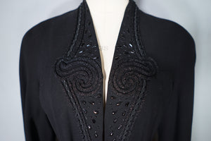 40s RUE DE LA PAIX BLACK BEADED GOTHIC PARISIAN BELTED COAT - S