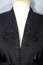 Load image into Gallery viewer, 40s RUE DE LA PAIX BLACK BEADED GOTHIC PARISIAN BELTED COAT - S