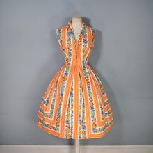 Load image into Gallery viewer, 50s "CONTINENTALS" ORANGE STRIPE AND FRUIT PRINT FULL SKIRT COTTON DRESS - S