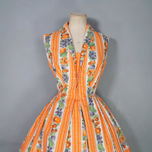 Load image into Gallery viewer, 50s "CONTINENTALS" ORANGE STRIPE AND FRUIT PRINT FULL SKIRT COTTON DRESS - S