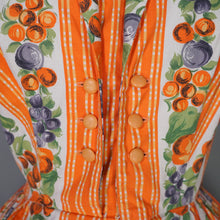 Load image into Gallery viewer, 50s "CONTINENTALS" ORANGE STRIPE AND FRUIT PRINT FULL SKIRT COTTON DRESS - S