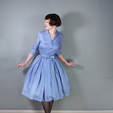 Load image into Gallery viewer, 60s JANELL OF CALIFORNIA LIGHT BLUE POLKA DOT FULL SKIRTED SHIRT DRESS - S