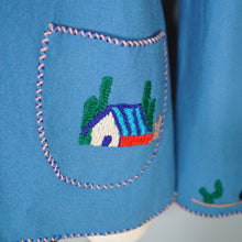 Load image into Gallery viewer, 50s "LOPEZ" BLUE APPLIQUED MEXICAN TOURIST WOOL EMBROIDERED JACKET - S