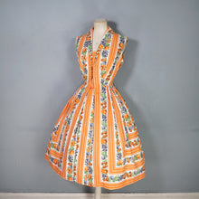 Load image into Gallery viewer, 50s "CONTINENTALS" ORANGE STRIPE AND FRUIT PRINT FULL SKIRT COTTON DRESS - S