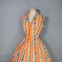 Load image into Gallery viewer, 50s "CONTINENTALS" ORANGE STRIPE AND FRUIT PRINT FULL SKIRT COTTON DRESS - S