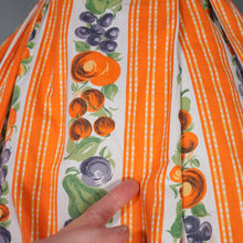 Load image into Gallery viewer, 50s "CONTINENTALS" ORANGE STRIPE AND FRUIT PRINT FULL SKIRT COTTON DRESS - S