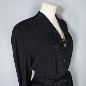 40s RUE DE LA PAIX BLACK BEADED GOTHIC PARISIAN BELTED COAT - S