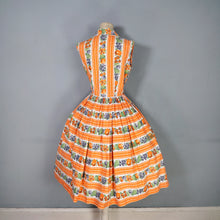 Load image into Gallery viewer, 50s "CONTINENTALS" ORANGE STRIPE AND FRUIT PRINT FULL SKIRT COTTON DRESS - S