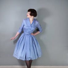 Load image into Gallery viewer, 60s JANELL OF CALIFORNIA LIGHT BLUE POLKA DOT FULL SKIRTED SHIRT DRESS - S