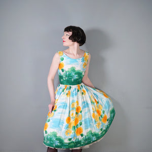 60s SUNNY SKY BLUE AND BRIGHT YELLOW FLORAL FULL SKIRTED SUN DRESS - XS
