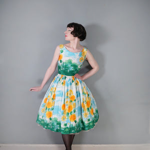 60s SUNNY SKY BLUE AND BRIGHT YELLOW FLORAL FULL SKIRTED SUN DRESS - XS