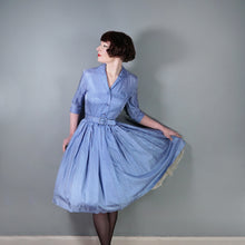 Load image into Gallery viewer, 60s JANELL OF CALIFORNIA LIGHT BLUE POLKA DOT FULL SKIRTED SHIRT DRESS - S