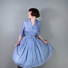 Load image into Gallery viewer, 60s JANELL OF CALIFORNIA LIGHT BLUE POLKA DOT FULL SKIRTED SHIRT DRESS - S