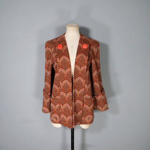 70s BUS STOP ART DECO STYLE LEAF PATTERN OPEN SWING COAT JACKET - M