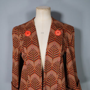 70s BUS STOP ART DECO STYLE LEAF PATTERN OPEN SWING COAT JACKET - M