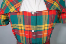 Load image into Gallery viewer, 40s 50s VIBRANT AUTUMN PLAID CAPE SHOULDER SHIRT DRESS WITH BELT - S