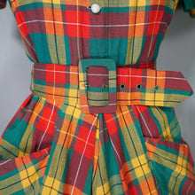 Load image into Gallery viewer, 40s 50s VIBRANT AUTUMN PLAID CAPE SHOULDER SHIRT DRESS WITH BELT - S