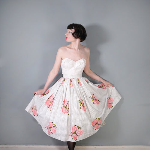 50s TINY POLKA DOT AND PINK ROSE BORDER PRINT COTTON FULL  SKIRT - 26