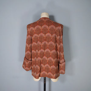 70s BUS STOP ART DECO STYLE LEAF PATTERN OPEN SWING COAT JACKET - M