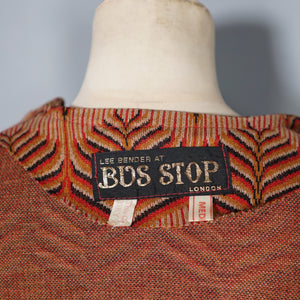 70s BUS STOP ART DECO STYLE LEAF PATTERN OPEN SWING COAT JACKET - M