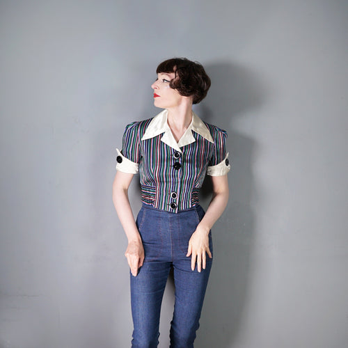 70s CROPPED SATIN STRIPE PATTERN BIG COLLAR SHIRT - S