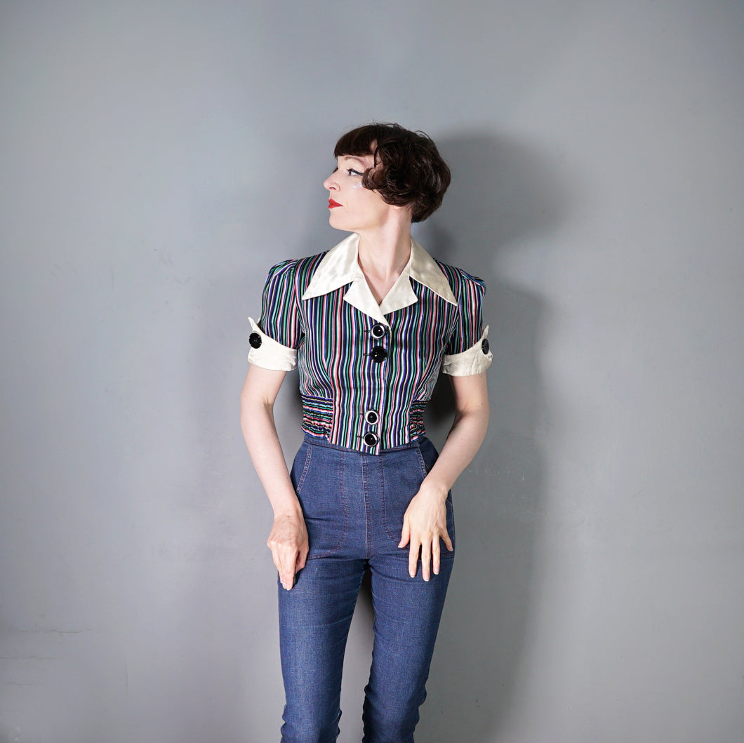 70s CROPPED SATIN STRIPE PATTERN BIG COLLAR SHIRT - S