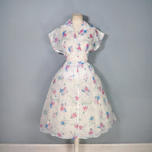 Load image into Gallery viewer, SHEER 50s NOVELTY PRINT WHITE DRESS WITH MUSICAL NOTES AND DANCERS - S-M