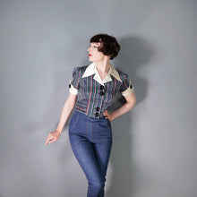 Load image into Gallery viewer, 70s CROPPED SATIN STRIPE PATTERN BIG COLLAR SHIRT - S
