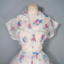 Load image into Gallery viewer, SHEER 50s NOVELTY PRINT WHITE DRESS WITH MUSICAL NOTES AND DANCERS - S-M