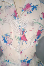 Load image into Gallery viewer, SHEER 50s NOVELTY PRINT WHITE DRESS WITH MUSICAL NOTES AND DANCERS - S-M