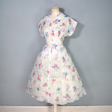 Load image into Gallery viewer, SHEER 50s NOVELTY PRINT WHITE DRESS WITH MUSICAL NOTES AND DANCERS - S-M