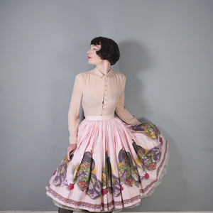 50s PASTEL PINK JOHN WOLF NOVELTY BORDER PRINT FULL SKIRT -  25.5"