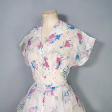 Load image into Gallery viewer, SHEER 50s NOVELTY PRINT WHITE DRESS WITH MUSICAL NOTES AND DANCERS - S-M