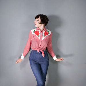 RED WESTERN GINGHAM EMBROIDERED ROSE COWBOY SHIRT - S