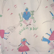 Load image into Gallery viewer, SHEER 50s NOVELTY PRINT WHITE DRESS WITH MUSICAL NOTES AND DANCERS - S-M