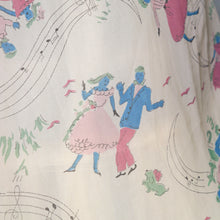Load image into Gallery viewer, SHEER 50s NOVELTY PRINT WHITE DRESS WITH MUSICAL NOTES AND DANCERS - S-M