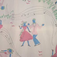 Load image into Gallery viewer, SHEER 50s NOVELTY PRINT WHITE DRESS WITH MUSICAL NOTES AND DANCERS - S-M