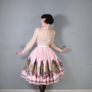 50s PASTEL PINK JOHN WOLF NOVELTY BORDER PRINT FULL SKIRT -  25.5"