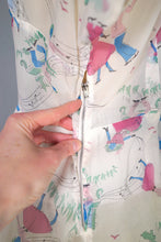 Load image into Gallery viewer, SHEER 50s NOVELTY PRINT WHITE DRESS WITH MUSICAL NOTES AND DANCERS - S-M