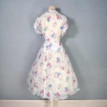 Load image into Gallery viewer, SHEER 50s NOVELTY PRINT WHITE DRESS WITH MUSICAL NOTES AND DANCERS - S-M