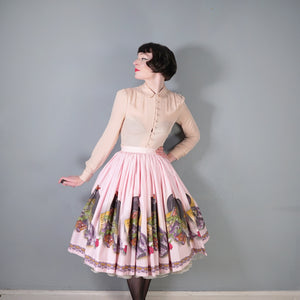 50s PASTEL PINK JOHN WOLF NOVELTY BORDER PRINT FULL SKIRT -  25.5"