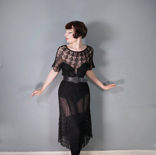 VINTAGE SLINKY BLACK SEE THROUGH LACE CROCHET DRESS - M