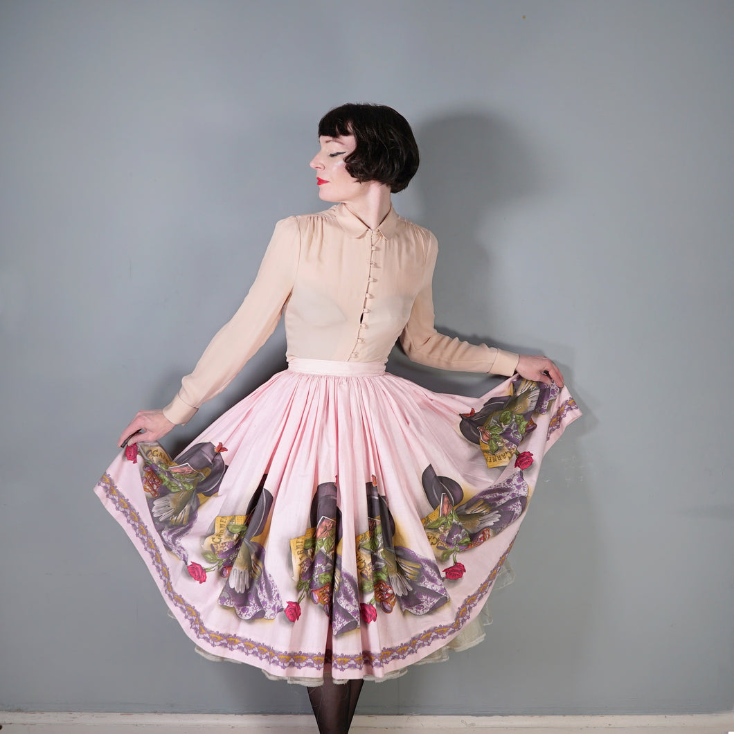 50s PASTEL PINK JOHN WOLF NOVELTY BORDER PRINT FULL SKIRT -  25.5