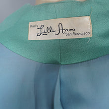 Load image into Gallery viewer, 60s LILLI ANN PASTEL MINT GREEN WOOL CREPE ASYMMETRIC JACKET WITH FUR CUFFS - S