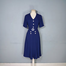 Load image into Gallery viewer, 40s DARK BLUE PIN TUCKED DRESS WITH BUTTON DETAIL AND BUCKLED BELT - S