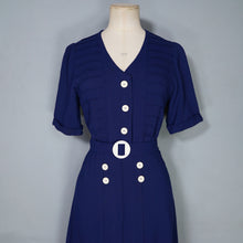 Load image into Gallery viewer, 40s DARK BLUE PIN TUCKED DRESS WITH BUTTON DETAIL AND BUCKLED BELT - S