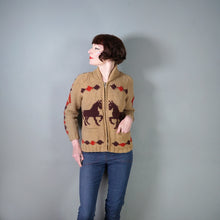 Load image into Gallery viewer, 50s HANDKNITTED BROWN AND RED EQUESTRIAN HORSE PATTERN COWICHAN CARDIGAN - XS-S